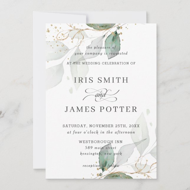 Invitation Mariage de calligraphie or Foliage Vert Chic (Devant)