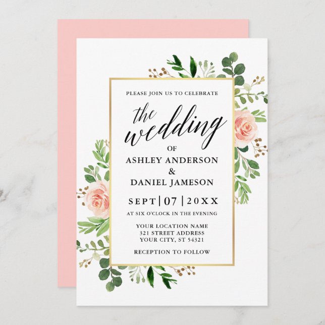 Invitation Mariage de calligraphie Rose (Devant / Derrière)