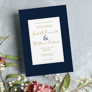 Invitation Mariage de calligraphie vintage or bleu marine