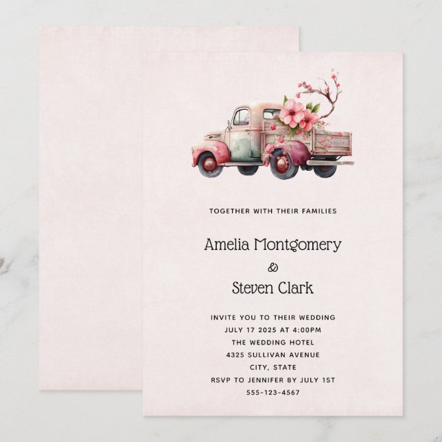 Invitation Mariage de camion Pink Vintage Farmer (Devant / Derrière)