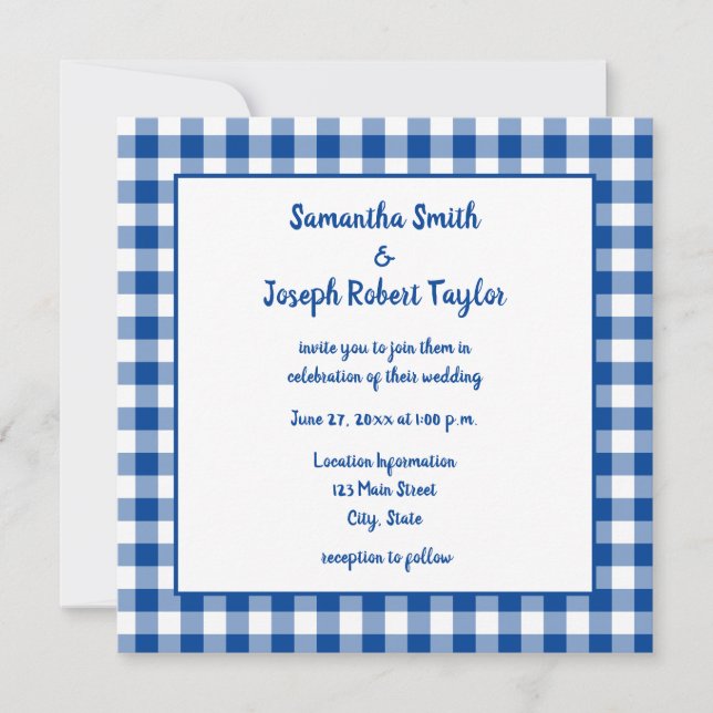 Invitation Mariage de Campagne à Carreaux Bleus Profonds (Devant)