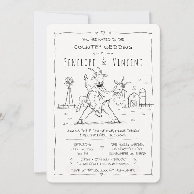 Invitation Mariage de campagne aux chèvres dansantes (Devant)