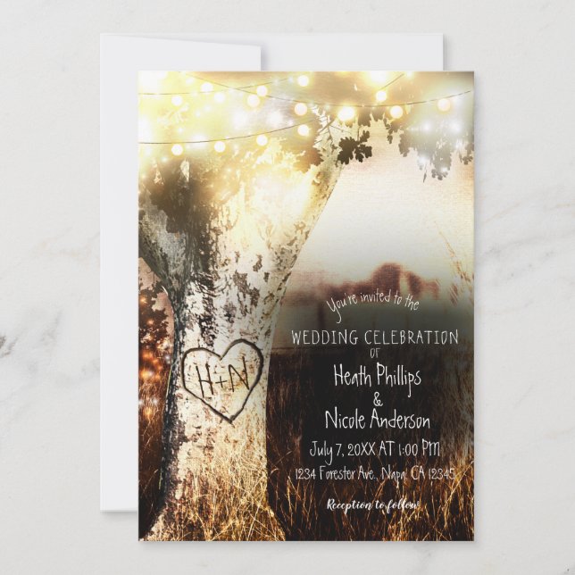 Invitation Mariage de campagne avec arbre sculpté rustique et (Devant)