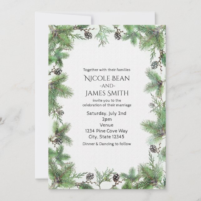 Invitation Mariage de campagne d'hiver de Noël Vert & Cônes d (Devant)