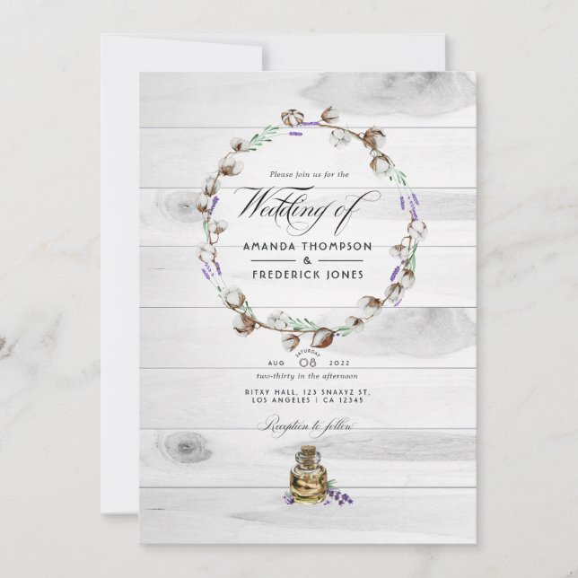 Invitation Mariage de campagne en coton rustique lavande avec (Devant)