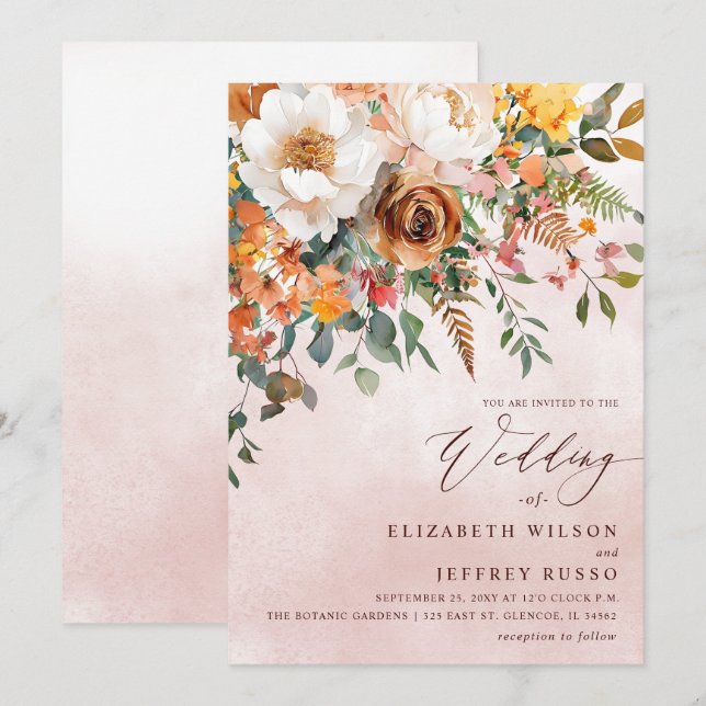 Invitation Mariage de campagne Floral Orange Automne (Devant / Derrière)