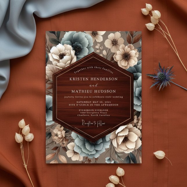 Invitation Mariage de campagne florale sarcelle (Créateur téléchargé)