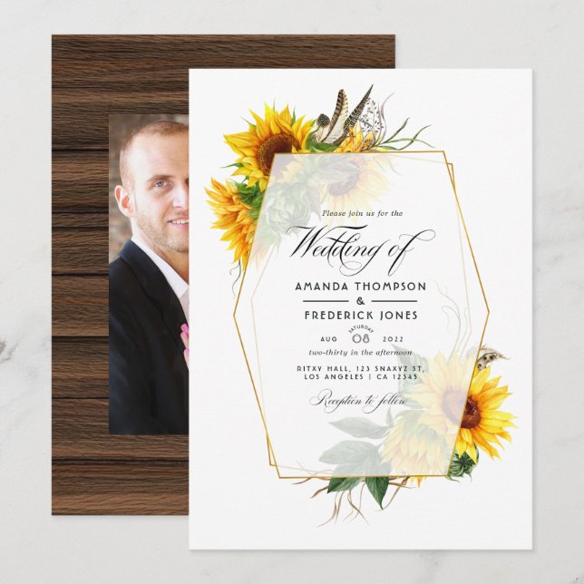 Invitation Mariage de campagne grange rustique tournesol géom (Devant / Derrière)