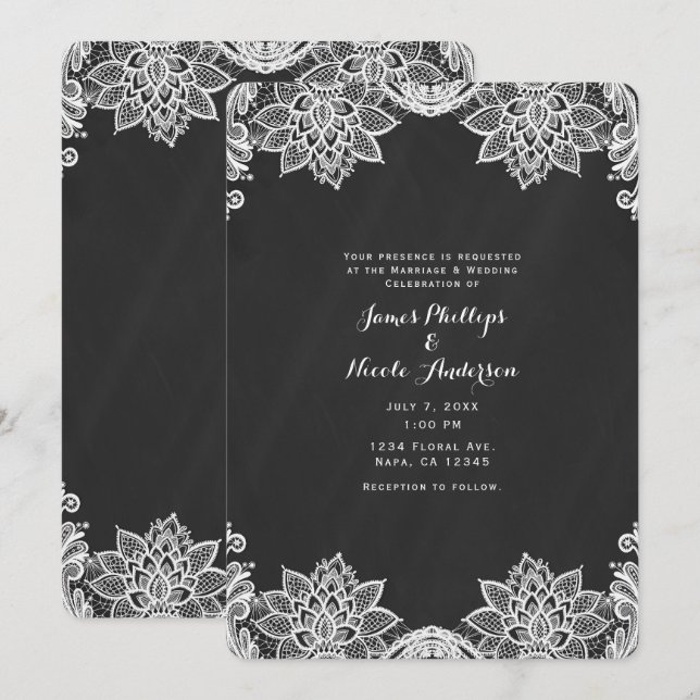 Invitation Mariage de campagne sur tableau noir avec dentelle (Devant / Derrière)