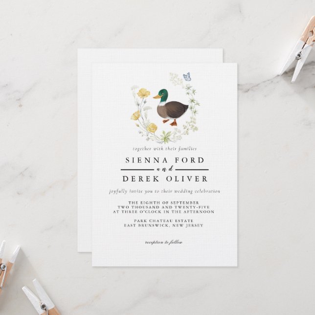 Invitation Mariage de canard colvert fleur sauvage (Devant/Arrière en situation)