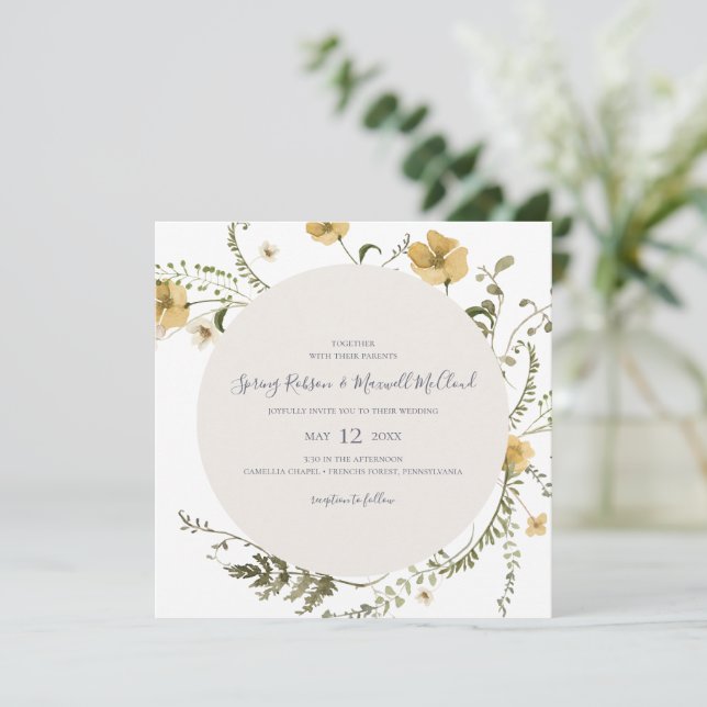 Invitation Mariage de Carré blanc Fleur sauvage de printemps (Debout devant)