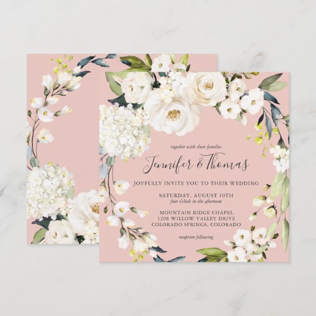 Invitation Mariage de Carré blanc neutre flou rose (Devant / Derrière)