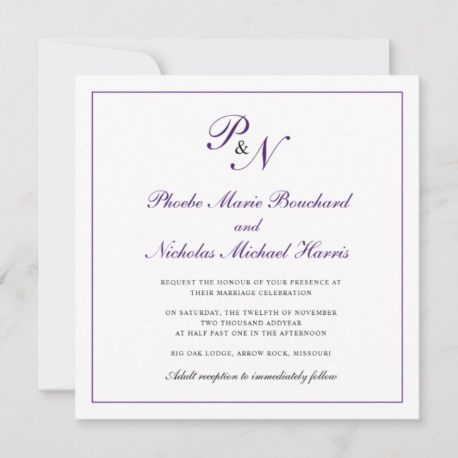 Invitation Mariage de Carré de monographie royale violet (Devant)
