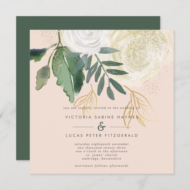 Invitation Mariage de Carré romantique Blush & Green (Devant / Derrière)