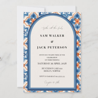 Invitation Mariage de carreaux marocains bleus rouges et blan