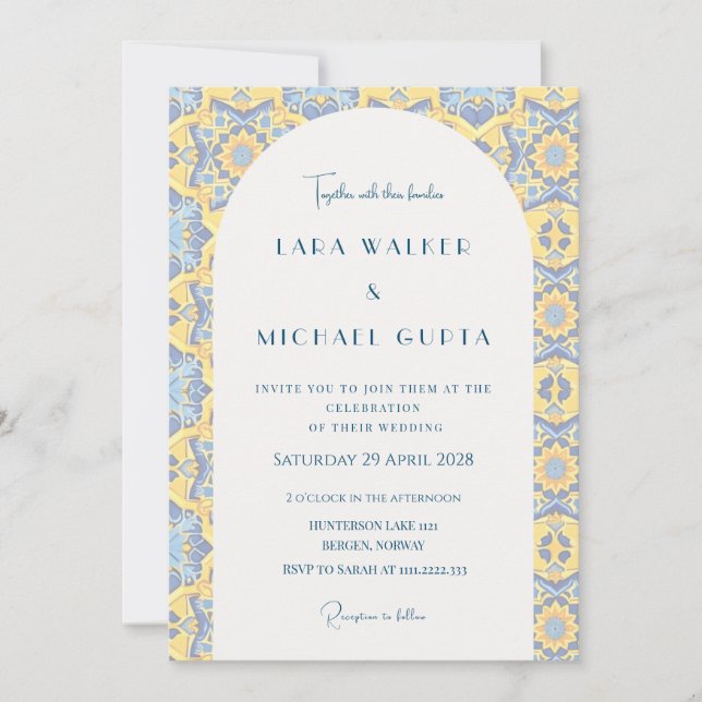 Invitation Mariage De Carrelage Italien Bleu Et Jaune Trippé (Devant)
