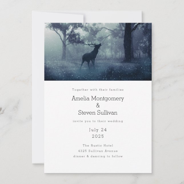 Invitation Mariage de cerf avec des bois dans une forêt sombr (Devant)
