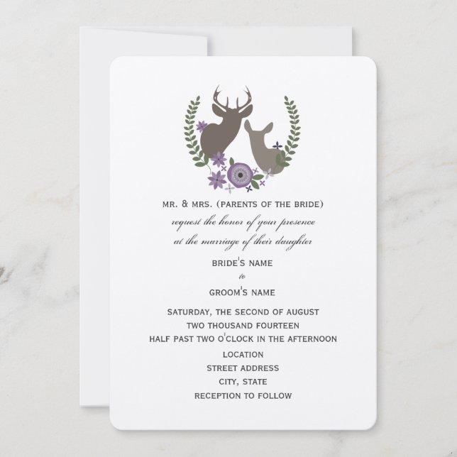 Invitation Mariage de cerf rustique - Floral violet (Devant)