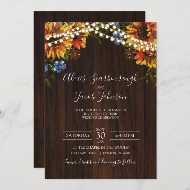 Invitation Mariage de chaîne de tournesol en bois rustique (Devant / Derrière)