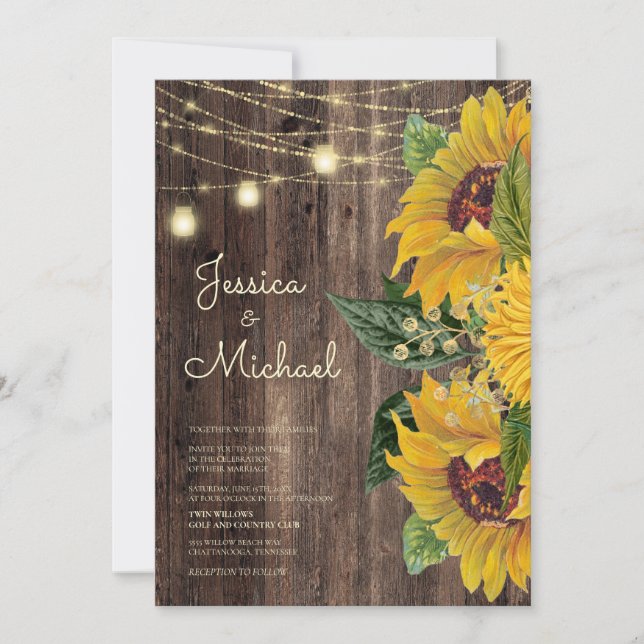 Invitation Mariage de chaîne de tournesol en bois rustique (Devant)