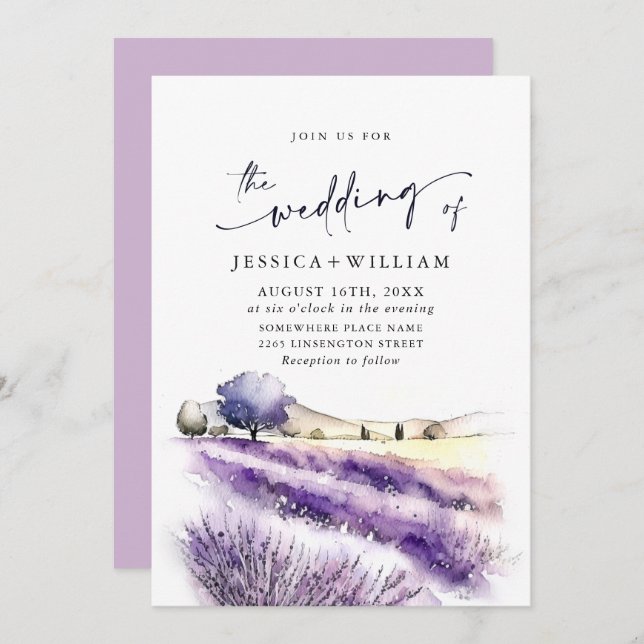 Invitation Mariage de champ Aquarelle violet Lavande Fleurs (Devant / Derrière)