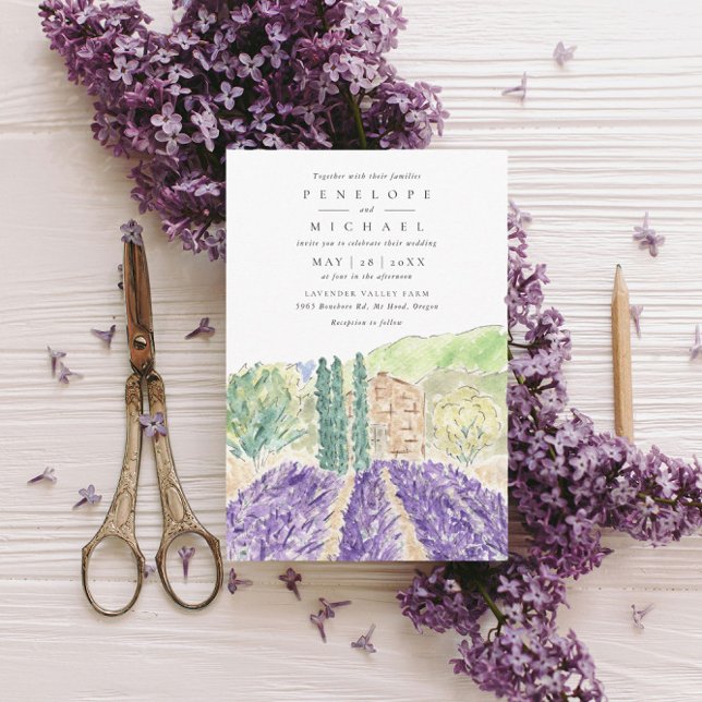 Invitation Mariage de champs Lavande aquarelle (Watercolor lavender fields wedding invitation.)
