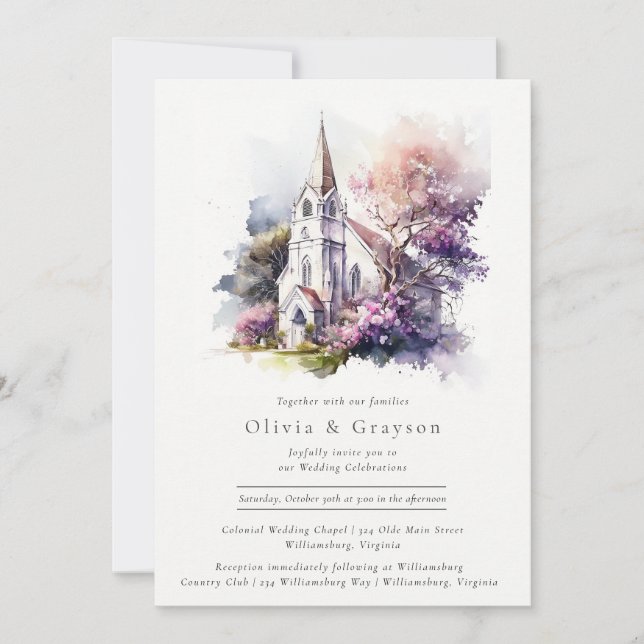 Invitation Mariage de chapelle en aquarelle rustique (Devant)