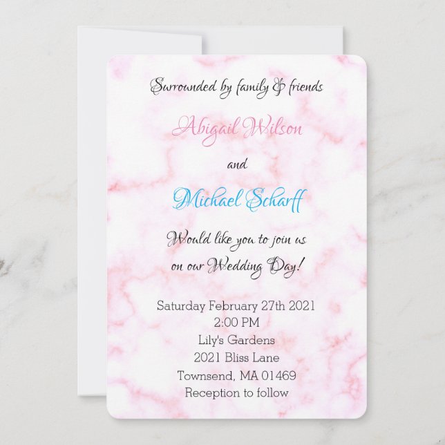 Invitation Mariage de charme rose pâle et Marbre blanc (Dos)