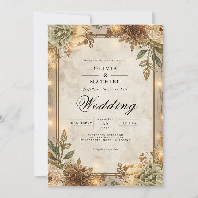 Invitation Mariage de charpente de fleur de Sepia rustique (Devant)