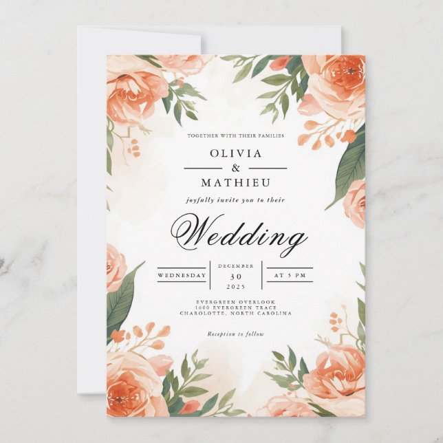Invitation Mariage de charpente florale de corail (Devant)
