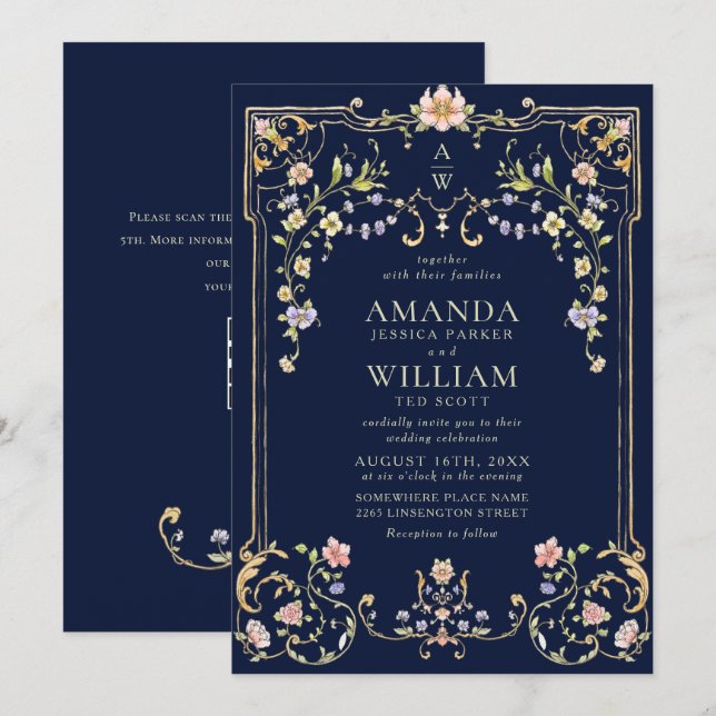 Invitation Mariage de charpente florale de Grace Orné Victori (Devant / Derrière)