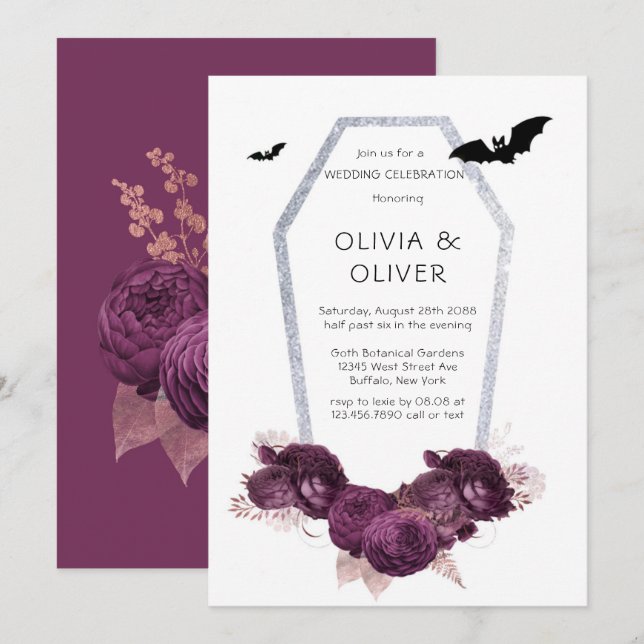 Invitation Mariage de chauves-souris à poitrine violet et arg (Devant / Derrière)