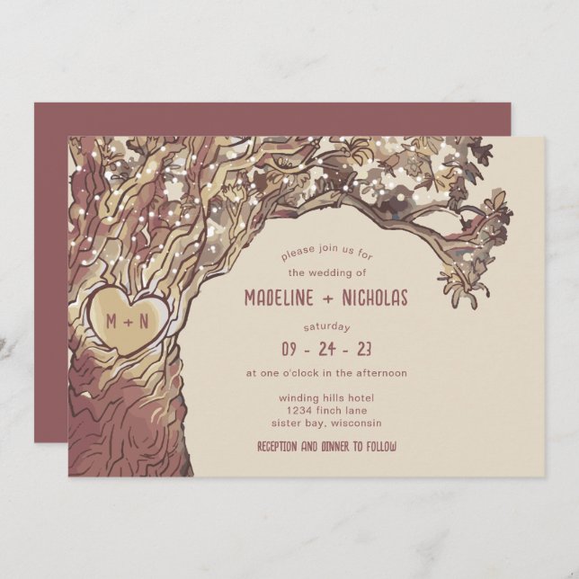 Invitation Mariage de chêne de coeur sculpté rustique (Devant / Derrière)