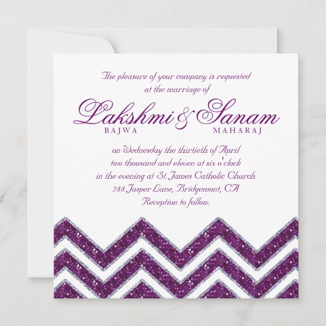 Invitation Mariage de Chevron Inviter l'argent pourpre parkle (Devant)