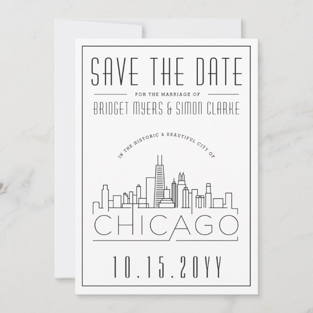 Invitation Mariage de Chicago | Skyline stylisée Enregistrer  (Devant)