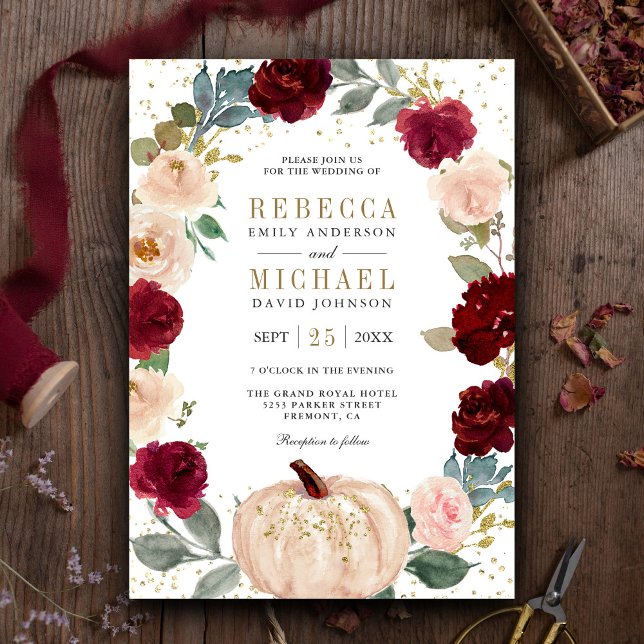Invitation Mariage de citrouille florale de Bourgogne et de p (Créateur téléchargé)