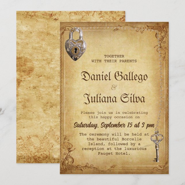 Invitation mariage de clé de squelette gothique vintage (Devant / Derrière)