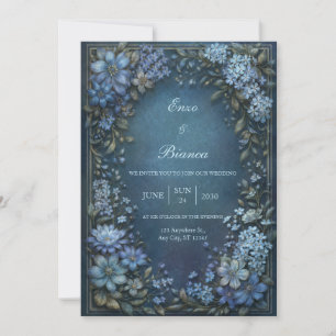 Invitation Mariage de Clématite Bleu Minuit avec Bordure Doré