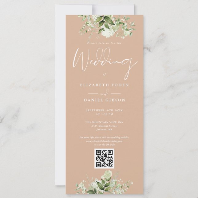 Invitation Mariage de code de couleur vert floral Tan QR (Devant)