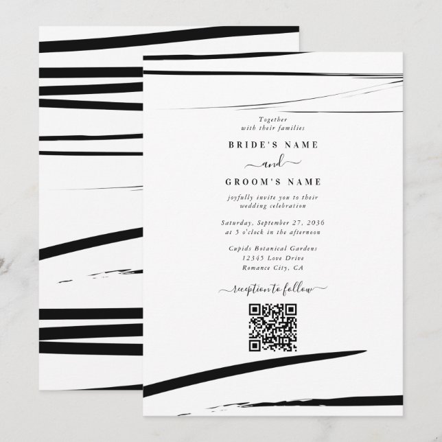 Invitation Mariage de code QR Abstrait noir moderne (Devant / Derrière)