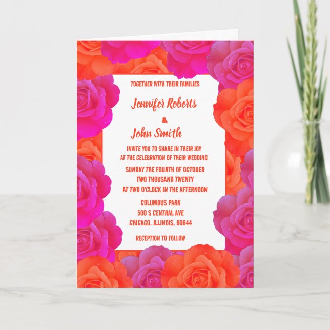 Invitation Mariage de code QR Abstrait OrangePink Floral Rose (Devant)