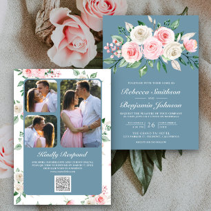 Invitation Mariage de code QR bleu bleu rose floral
