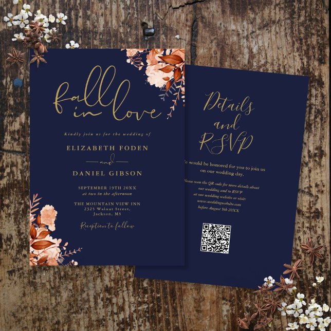 Invitation Mariage de code QR bleu marine et or rustique (Navy Blue And Gold Rustic Floral QR Code Wedding Invitation)