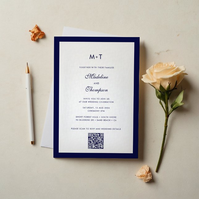 Invitation Mariage de code QR bleu marine moderne sophistiqué (Créateur téléchargé)