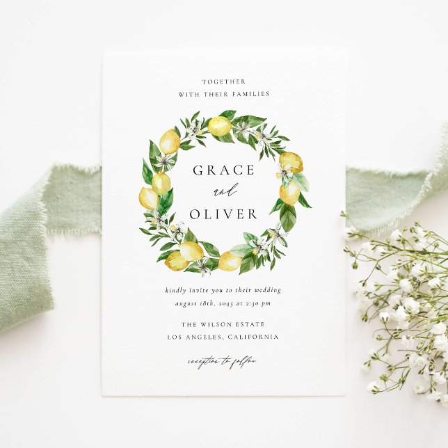 Invitation Mariage de code QR citron et verdure (Customizable QR Code Wedding Invitation with Watercolor Lemons, Blossoms & Greenery)