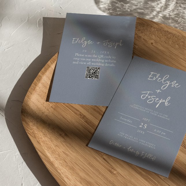 Invitation Mariage de code QR de Boho élégant bleu Dusty mode (Créateur téléchargé)