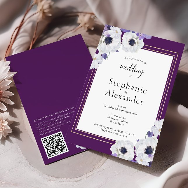 Invitation Mariage de code QR de cadre Floral Royal violet (Créateur téléchargé)