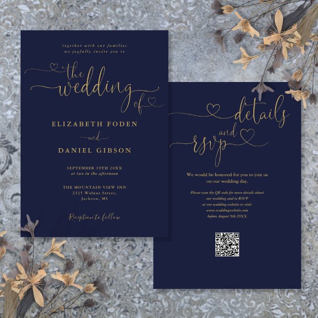 Invitation Mariage de code QR de code bleu et or de la marine (Navy Blue And Gold Heart Script QR Code Wedding Invitation)