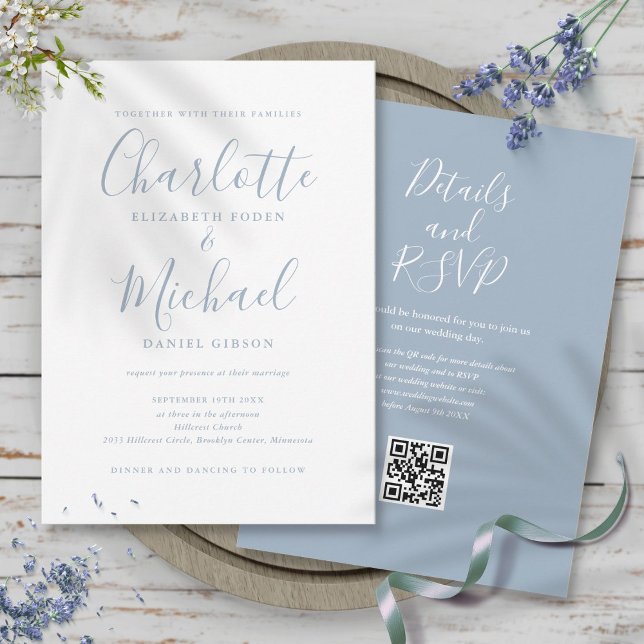 Invitation Mariage de code QR de code Dusty Blue Elegant (Dusty Blue Elegant Script QR Code Wedding Invitation)