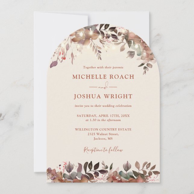 Invitation Mariage de code QR de la chaîne florale rustique (Devant)